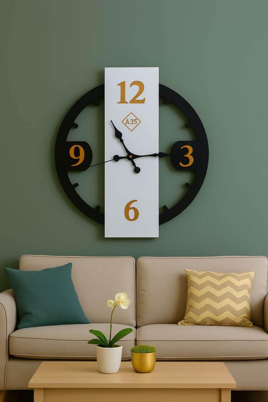 Modern Decorative Wall Clock – High Gloss Wood (White & Black) – Gold Numerals – 64 cm Diameter