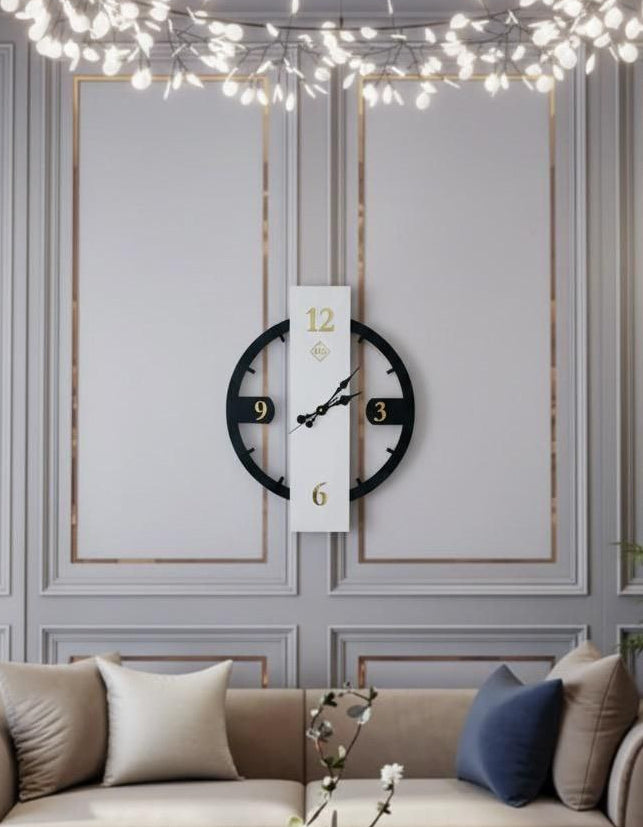 Wooden High-Gloss Wall Clock with contrasting Black/White Face and Gold Acrylic Numbers