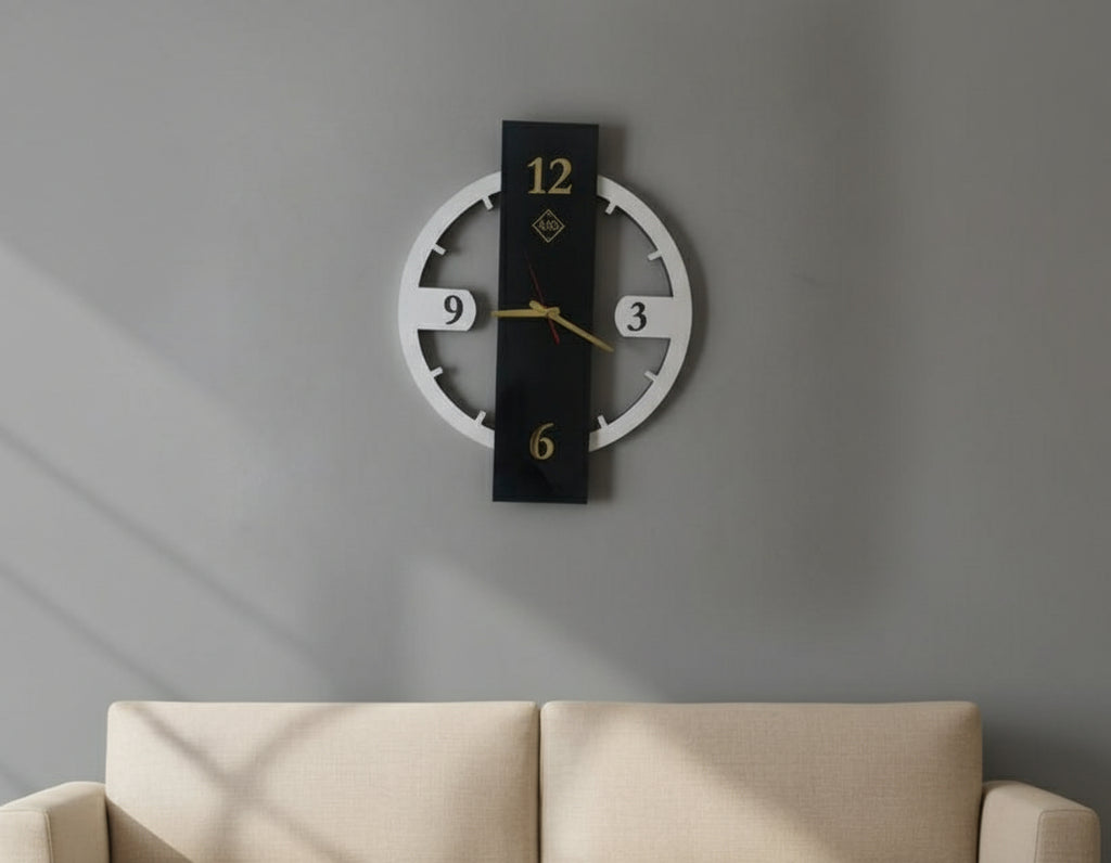 Wooden High-Gloss Wall Clock with contrasting Black/White Face and Gold Acrylic Numbers