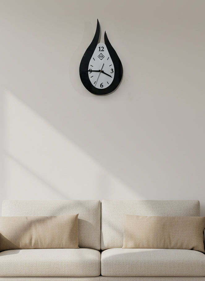 Large Decorative Wall Clock - Tear Drop Shape (A3S) - Black, White & Gold - Multiple Sizes Available
