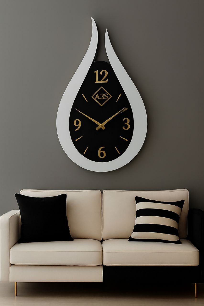 Large Decorative Wall Clock - Tear Drop Shape (A3S) - Black, White & Gold - Multiple Sizes Available