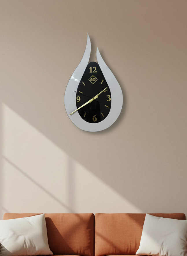Large Decorative Wall Clock - Tear Drop Shape (A3S) - Black, White & Gold - Multiple Sizes Available