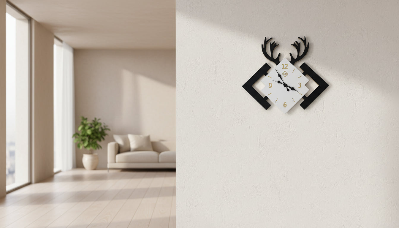 Modern Deer Antler Wall Clock – Elegant Geometric Interlocking Squares Design (Black/White