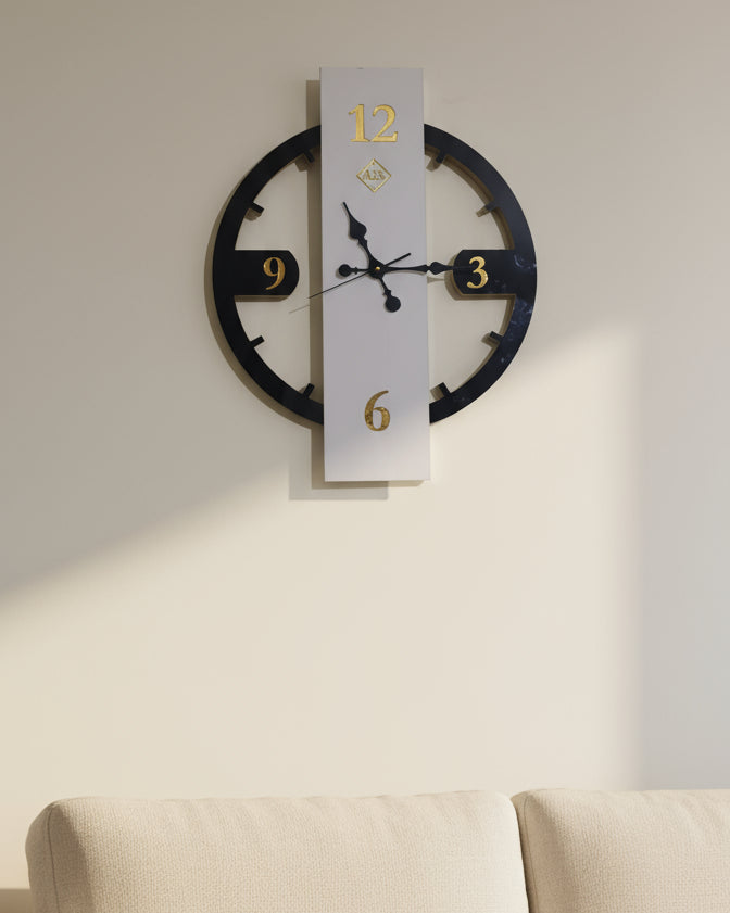 Wooden High-Gloss Wall Clock with contrasting Black/White Face and Gold Acrylic Numbers