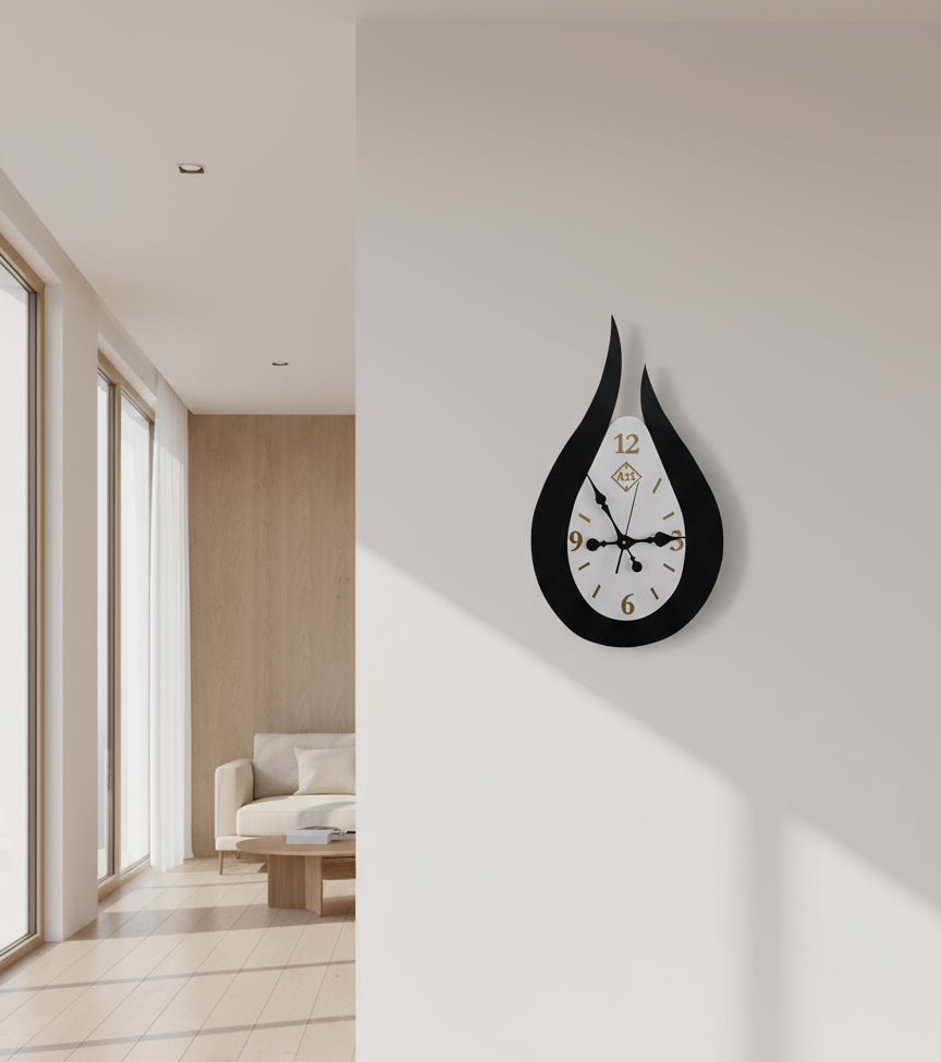 Large Decorative Wall Clock - Tear Drop Shape (A3S) - Black, White & Gold - Multiple Sizes Available