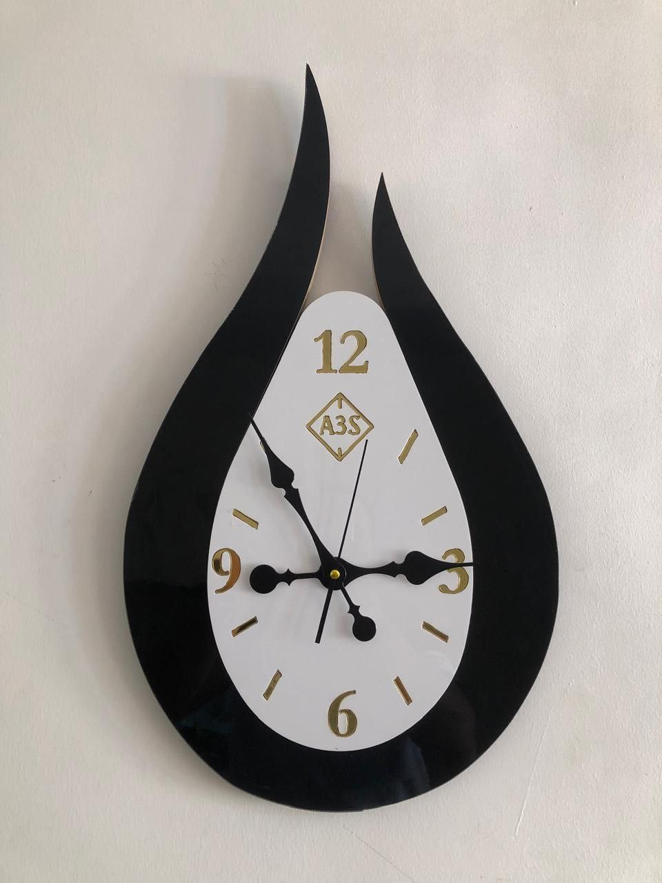 Large Decorative Wall Clock - Tear Drop Shape (A3S) - Black, White & Gold - Multiple Sizes Available