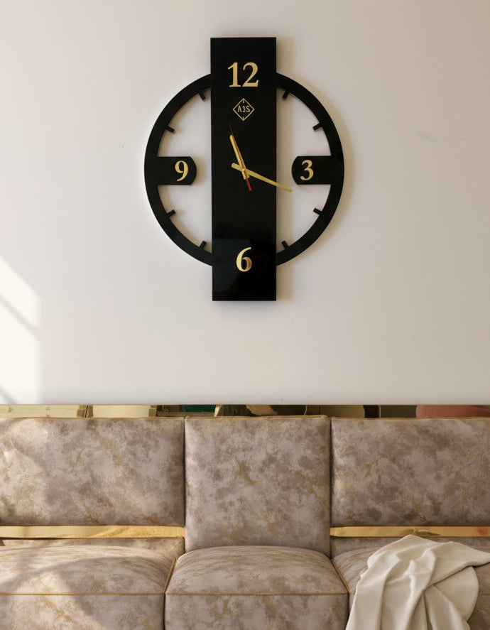 Wooden High-Gloss Wall Clock with contrasting Black Face and Gold Acrylic Numbers