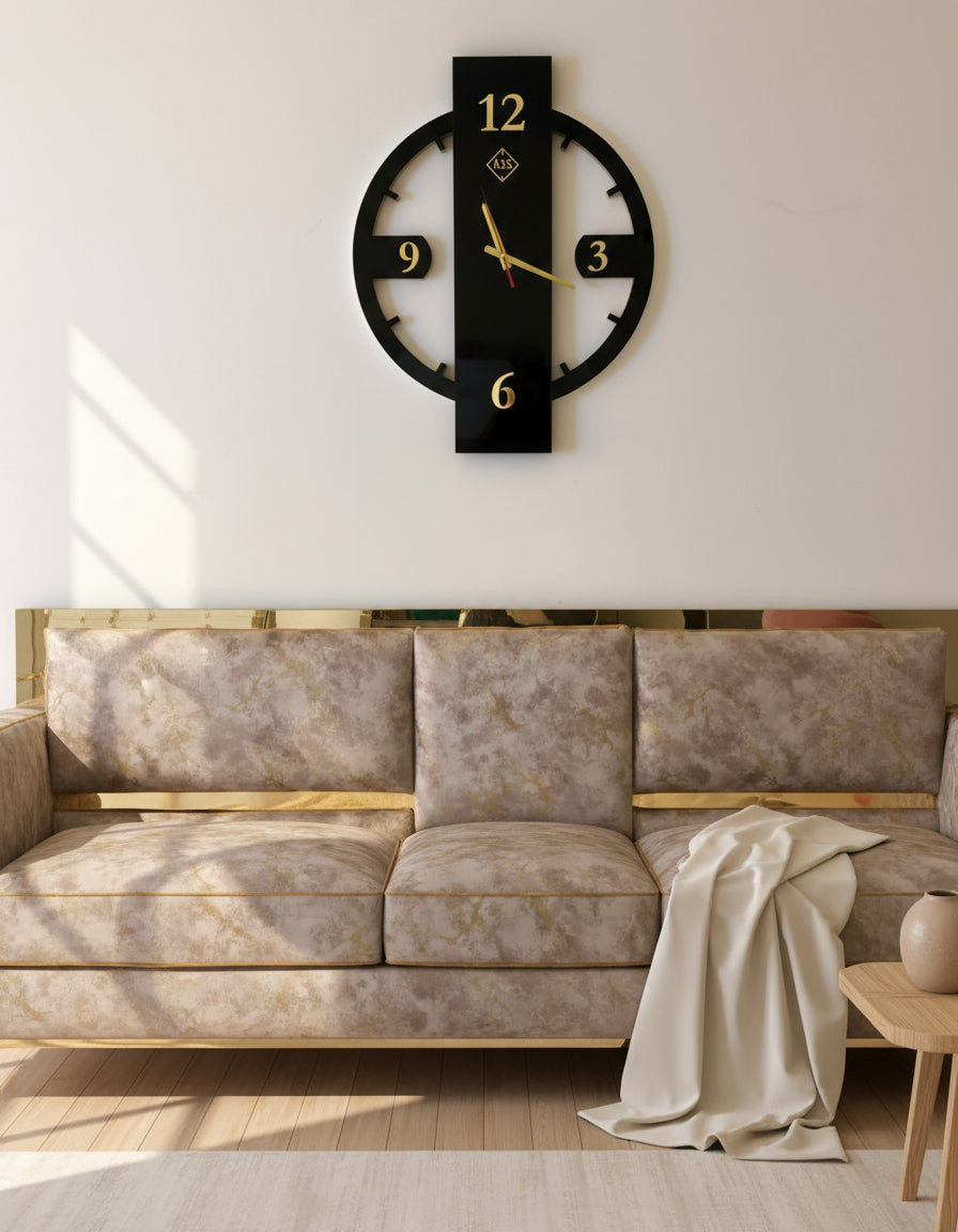 Wooden High-Gloss Wall Clock with contrasting Black Face and Gold Acrylic Numbers