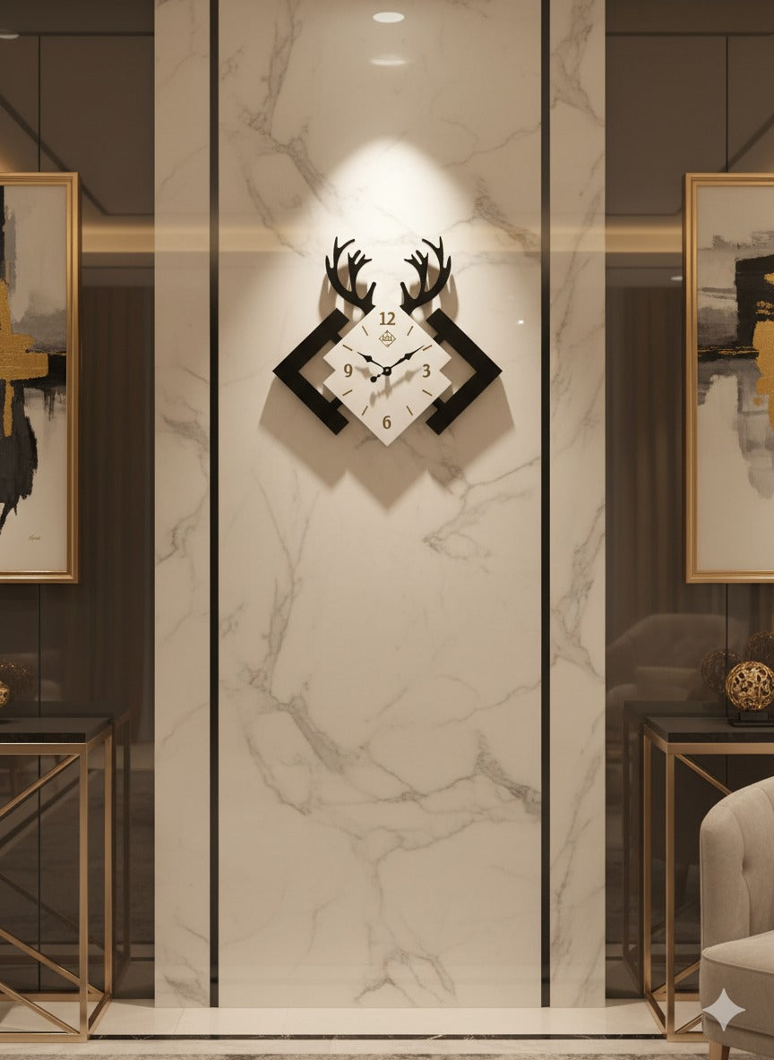 Modern Deer Antler Wall Clock – Elegant Geometric Interlocking Squares Design (Black/White