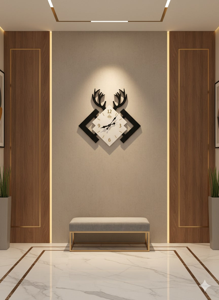 Modern Deer Antler Wall Clock – Elegant Geometric Interlocking Squares Design (Black/White